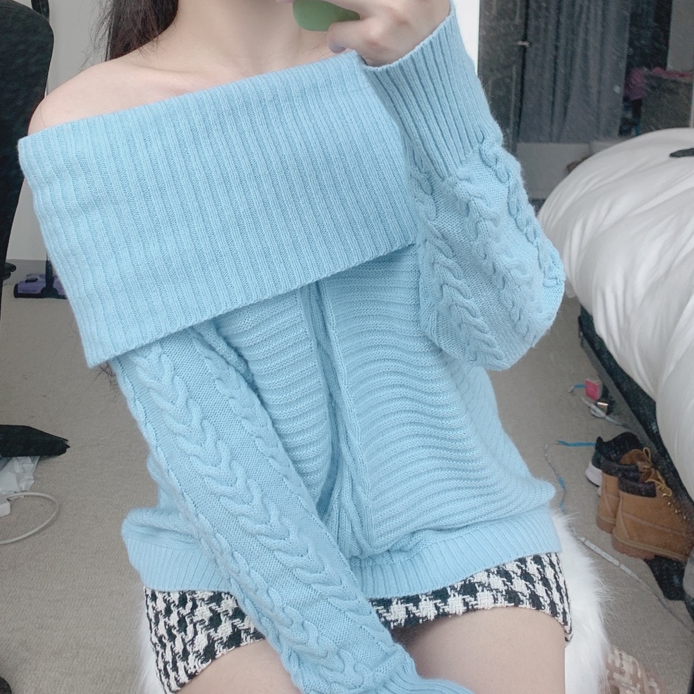 Pastel Baby Blue Off Shoulder Knit Sweater 💫